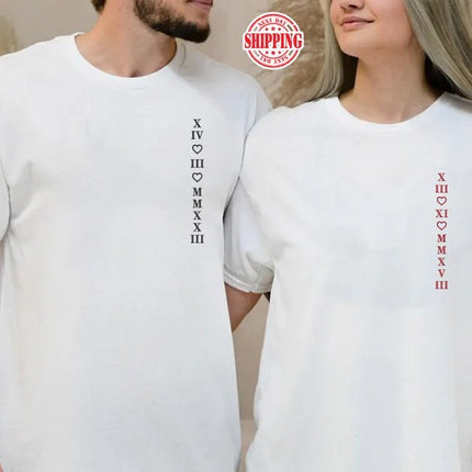 Custom Roman Numeral Matching Shirt, Embroidered 2nd Anniversary Date Shrit, Personalised Couple Wedding Shirt, Long Distance Gift for Him