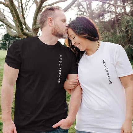 Custom Roman Numeral Matching Shirt, Embroidered 2nd Anniversary Date Shrit, Personalised Couple Wedding Shirt, Long Distance Gift for Him
