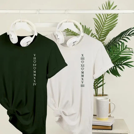 Custom Roman Numeral Matching Shirt, Embroidered 2nd Anniversary Date Shrit, Personalised Couple Wedding Shirt, Long Distance Gift for Him