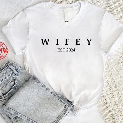 Custom Hubby/Wifey Printed T-Shirt, Personalised Special Est Date Shirt, Wifey Wedding Hen Do Tees, Bride and Groom Couple Matching Shirts