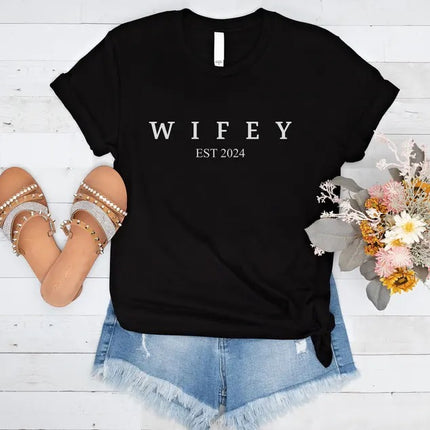Custom Hubby/Wifey Printed T-Shirt, Personalised Special Est Date Shirt, Wifey Wedding Hen Do Tees, Bride and Groom Couple Matching Shirts