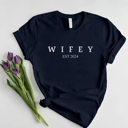 Custom Hubby/Wifey Printed T-Shirt, Personalised Special Est Date Shirt, Wifey Wedding Hen Do Tees, Bride and Groom Couple Matching Shirts