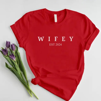 Custom Hubby/Wifey Printed T-Shirt, Personalised Special Est Date Shirt, Wifey Wedding Hen Do Tees, Bride and Groom Couple Matching Shirts