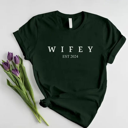 Custom Hubby/Wifey Printed T-Shirt, Personalised Special Est Date Shirt, Wifey Wedding Hen Do Tees, Bride and Groom Couple Matching Shirts