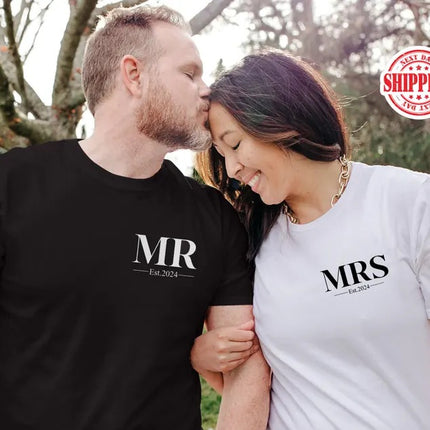 Mr. Mrs Est Shirt, Personalised Est Date Printed T-Shirt, Husband & Wife Couple Matching Tees, Bride and Groom Honeymoon Shirt, Gift for Him