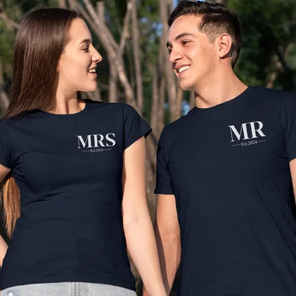 Mr. Mrs Est Shirt, Personalised Est Date Printed T-Shirt, Husband & Wife Couple Matching Tees, Bride and Groom Honeymoon Shirt, Gift for Him