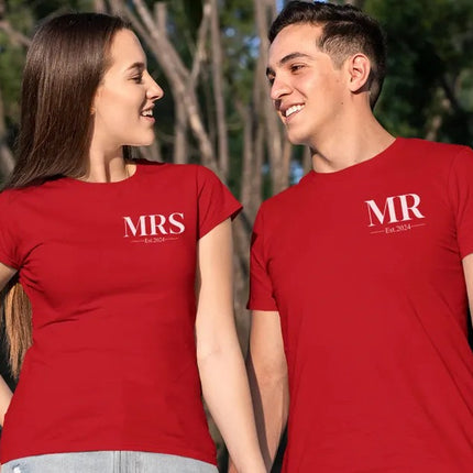 Mr. Mrs Est Shirt, Personalised Est Date Printed T-Shirt, Husband & Wife Couple Matching Tees, Bride and Groom Honeymoon Shirt, Gift for Him