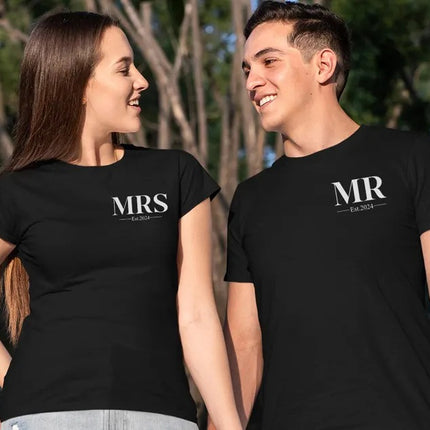 Mr. Mrs Est Shirt, Personalised Est Date Printed T-Shirt, Husband & Wife Couple Matching Tees, Bride and Groom Honeymoon Shirt, Gift for Him