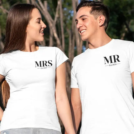 Mr. Mrs Est Shirt, Personalised Est Date Printed T-Shirt, Husband & Wife Couple Matching Tees, Bride and Groom Honeymoon Shirt, Gift for Him