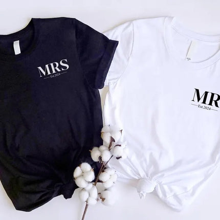 Mr. Mrs Est Shirt, Personalised Est Date Printed T-Shirt, Husband & Wife Couple Matching Tees, Bride and Groom Honeymoon Shirt, Gift for Him