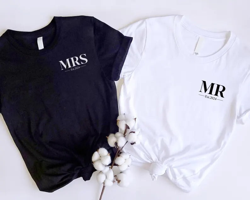 Mr. Mrs Est Shirt, Personalised Est Date Printed T-Shirt, Husband & Wife Couple Matching Tees, Bride and Groom Honeymoon Shirt, Gift for Him