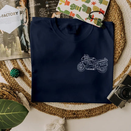 Custom Embroidered Motorbike Shirt, Personalised Bike Sketch form Photo T-Shirt, Couple Matching Initials Pullover Tees, Gift for Husband