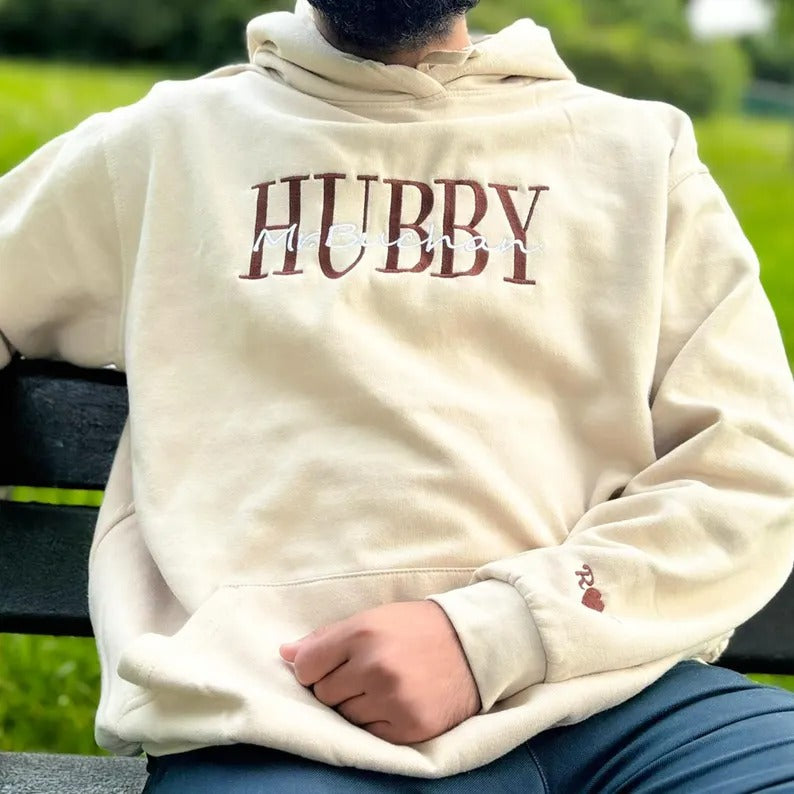 Custom Embroidered Hubby/Wifey Hoodie, Personalised Name Couple Matching Hoody, Mr and Mrs Initials Wedding Jumper, Anniversary Gift for Him