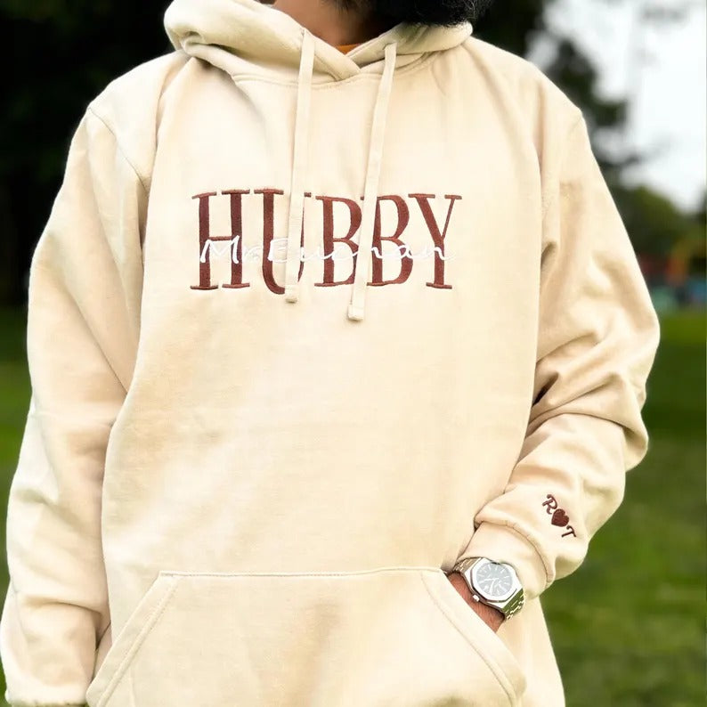 Custom Embroidered Hubby/Wifey Hoodie, Personalised Name Couple Matching Hoody, Mr and Mrs Initials Wedding Jumper, Anniversary Gift for Him