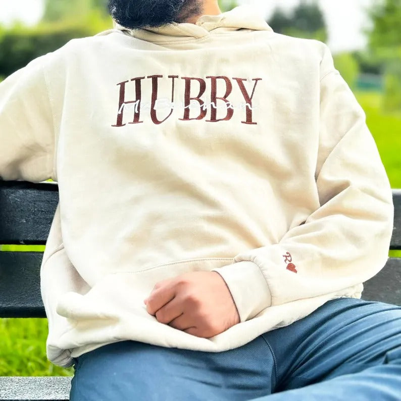 Custom Embroidered Hubby/Wifey Hoodie, Personalised Name Couple Matching Hoody, Mr and Mrs Initials Wedding Jumper, Anniversary Gift for Him