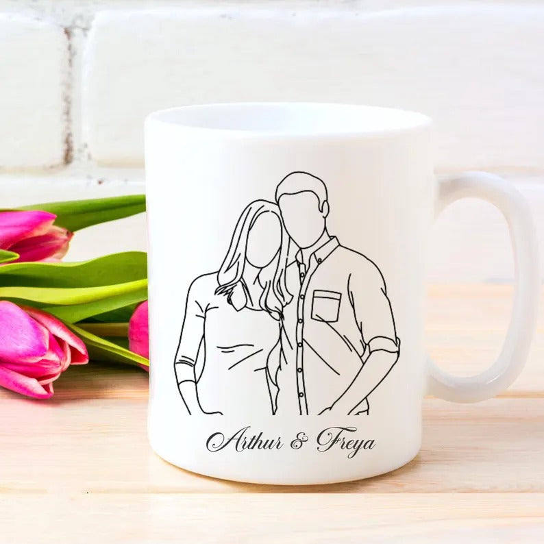 Custom Photo and Name Coffee Mug, Personalised Line Art Portrait from Photo Mug, 11oz Ceramic Coffee Lovers Cup, Anniversary Gift for Him