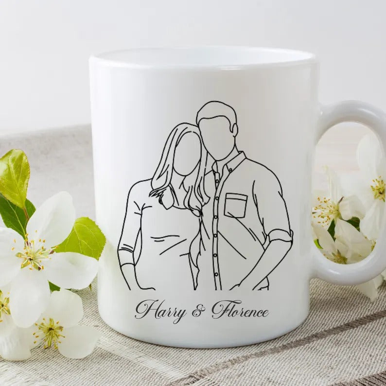 Custom Photo and Name Coffee Mug, Personalised Line Art Portrait from Photo Mug, 11oz Ceramic Coffee Lovers Cup, Anniversary Gift for Him