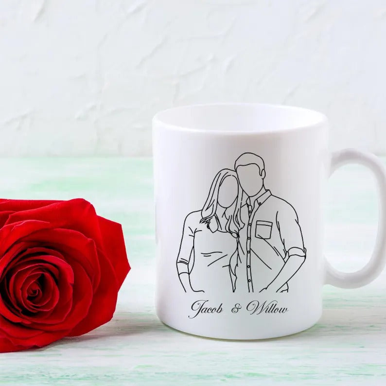 Custom Photo and Name Coffee Mug, Personalised Line Art Portrait from Photo Mug, 11oz Ceramic Coffee Lovers Cup, Anniversary Gift for Him