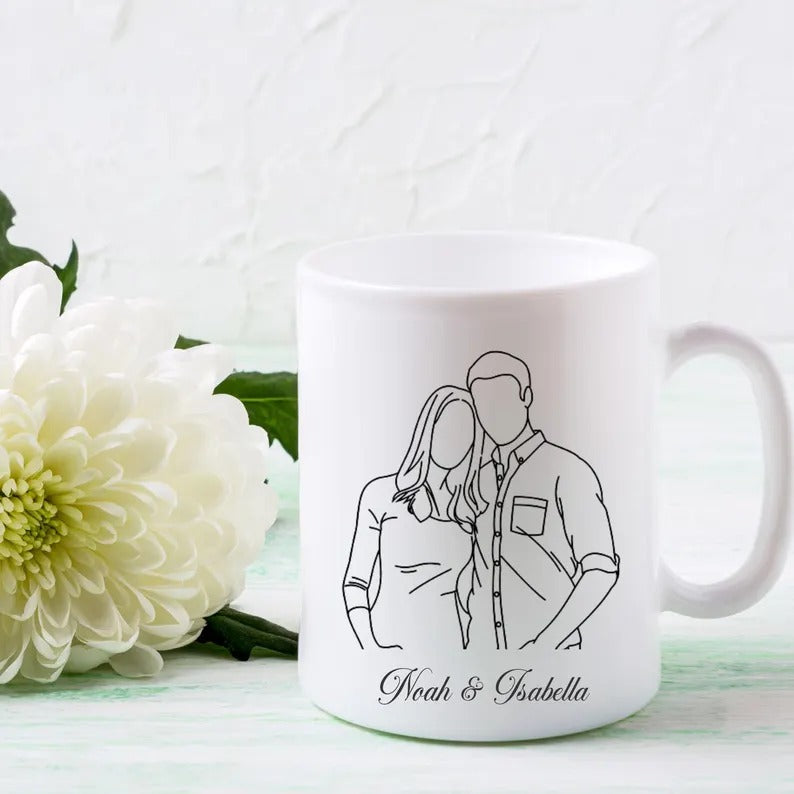 Custom Photo and Name Coffee Mug, Personalised Line Art Portrait from Photo Mug, 11oz Ceramic Coffee Lovers Cup, Anniversary Gift for Him