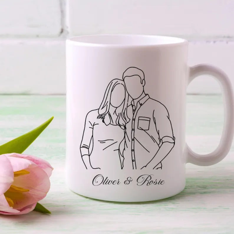 Custom Photo and Name Coffee Mug, Personalised Line Art Portrait from Photo Mug, 11oz Ceramic Coffee Lovers Cup, Anniversary Gift for Him