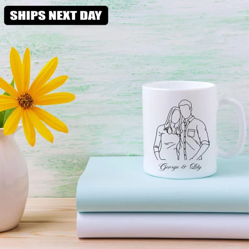 Custom Photo and Name Coffee Mug, Personalised Line Art Portrait from Photo Mug, 11oz Ceramic Coffee Lovers Cup, Anniversary Gift for Him