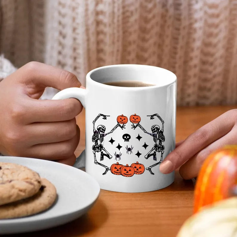 Funny Dancing Skeleton Coffee Mug, Retro Halloween Printed Mug, Vintage Fall Pumpkins Ceramic Mug, Spooky Season Cup, Fall Gift for Friends