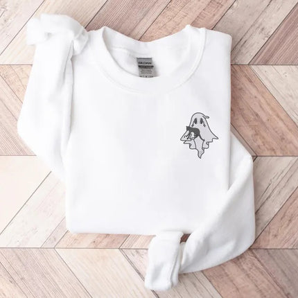 Halloween Ghost Embroidery Jumper, Cute Ghost Monogrammed Sweatshirt, Spooky Season Unisex Comfy Sweater, Halloween Night Party Outfits