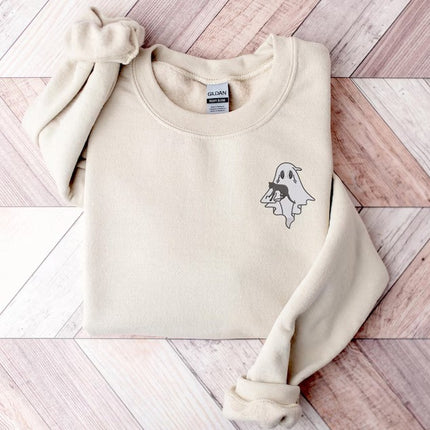 Halloween Ghost Embroidery Jumper, Cute Ghost Monogrammed Sweatshirt, Spooky Season Unisex Comfy Sweater, Halloween Night Party Outfits