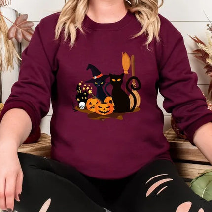 Black Cat Halloween Sweatshirt, Gothic Halloween Cat Printed Sweater, Vintage Fall Ghost Jumper, Spooky Season Tops, Halloween Party Gifts