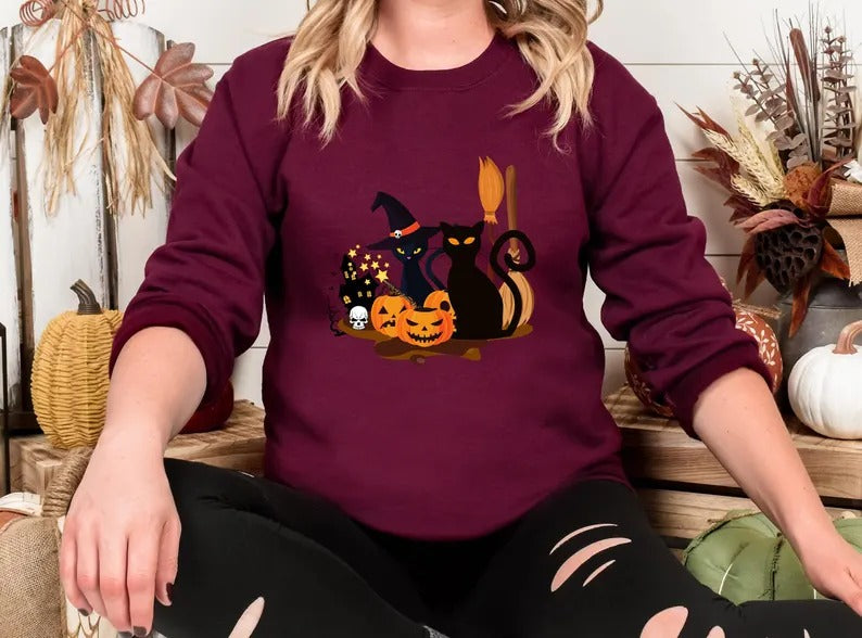 Black Cat Halloween Sweatshirt, Gothic Halloween Cat Printed Sweater, Vintage Fall Ghost Jumper, Spooky Season Tops, Halloween Party Gifts