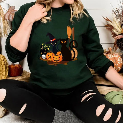 Black Cat Halloween Sweatshirt, Gothic Halloween Cat Printed Sweater, Vintage Fall Ghost Jumper, Spooky Season Tops, Halloween Party Gifts