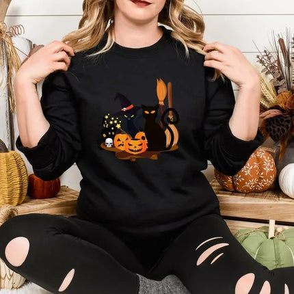Black Cat Halloween Sweatshirt, Gothic Halloween Cat Printed Sweater, Vintage Fall Ghost Jumper, Spooky Season Tops, Halloween Party Gifts
