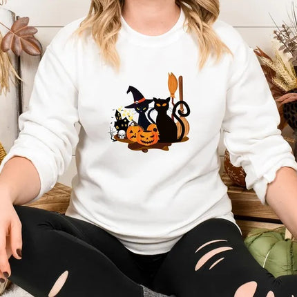 Black Cat Halloween Sweatshirt, Gothic Halloween Cat Printed Sweater, Vintage Fall Ghost Jumper, Spooky Season Tops, Halloween Party Gifts