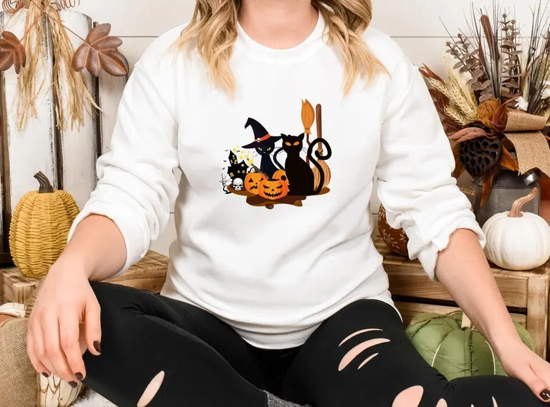 Black Cat Halloween Sweatshirt, Gothic Halloween Cat Printed Sweater, Vintage Fall Ghost Jumper, Spooky Season Tops, Halloween Party Gifts