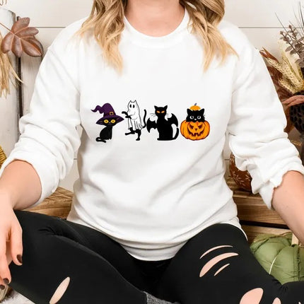Ghost Cats Sweatshirt, Halloween Cat Pumpkin Sweatshirt, Gothic Halloween Black Cat Jumper, Cat Lovers Gift, Vintage Spooky Season Clothing
