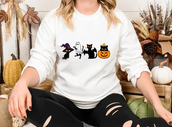 Ghost Cats Sweatshirt, Halloween Cat Pumpkin Sweatshirt, Gothic Halloween Black Cat Jumper, Cat Lovers Gift, Vintage Spooky Season Clothing