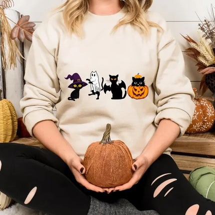 Ghost Cats Sweatshirt, Halloween Cat Pumpkin Sweatshirt, Gothic Halloween Black Cat Jumper, Cat Lovers Gift, Vintage Spooky Season Clothing