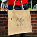 Custom Couple Photo Portrait Tote Bag, Embroidered Faceless Outline Sketch Bag, Shopping Jute Tote Bag, Personalised Birthday Gift for Him