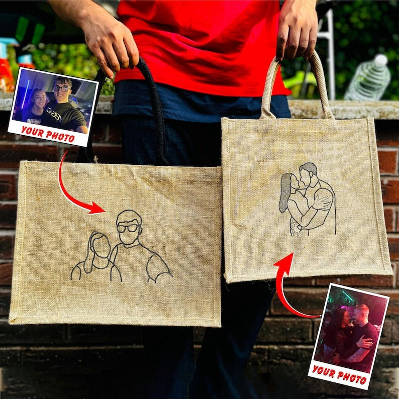 Custom Couple Photo Portrait Tote Bag, Embroidered Faceless Outline Sketch Bag, Shopping Jute Tote Bag, Personalised Birthday Gift for Him