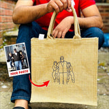 Custom Couple Photo Portrait Tote Bag, Embroidered Faceless Outline Sketch Bag, Shopping Jute Tote Bag, Personalised Birthday Gift for Him