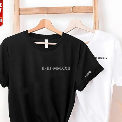 Embroidered Roman Numeral Matching Shirt, Custom Wedding Date Couple Shirts, Personalised Initials Shirt, 1st Anniversary Tops, Gift for Him