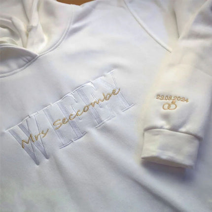 Custom Wifey Hubby Hoodies, Embroidered Name Wedding Hoody, Personalized Anniversary Date Mr and Mrs Matching Jumpers, Couple Memorial Gifts