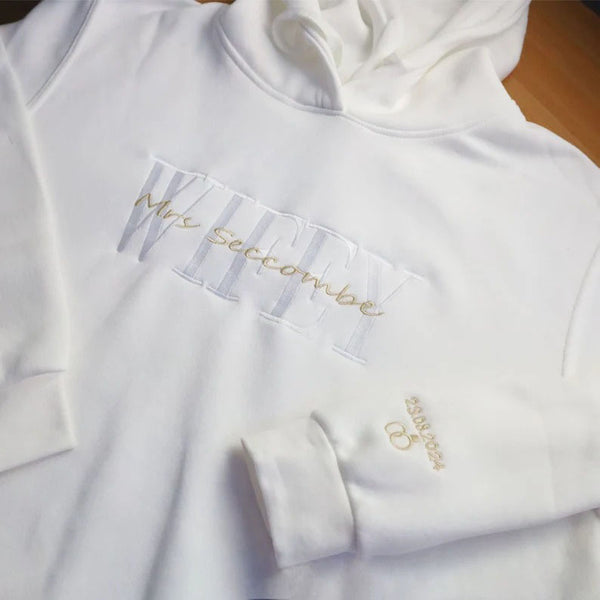 Custom Wifey Hubby Hoodies, Embroidered Name Wedding Hoody, Personalized Anniversary Date Mr and Mrs Matching Jumpers, Couple Memorial Gifts