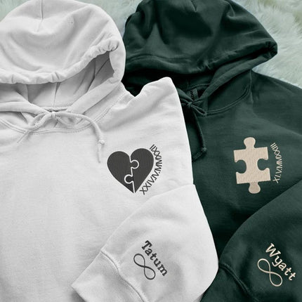 Embroidered Puzzle Heart Pisces Matching Hoody, Custom Roman Numeral Hoodie, Personalised Name on Sleeve Unisex Jumpers, Couple Wedding Tops