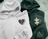 Embroidered Puzzle Heart Pisces Matching Hoody, Custom Roman Numeral Hoodie, Personalised Name on Sleeve Unisex Jumpers, Couple Wedding Tops