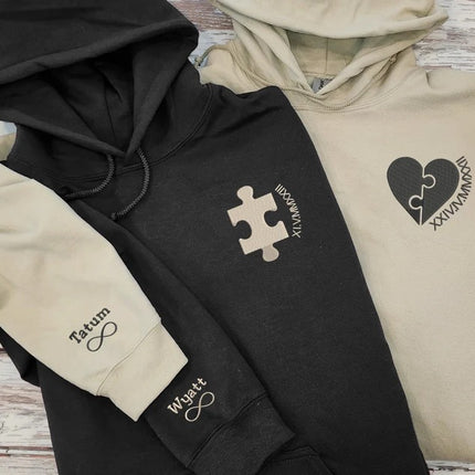 Embroidered Puzzle Heart Pisces Matching Hoody, Custom Roman Numeral Hoodie, Personalised Name on Sleeve Unisex Jumpers, Couple Wedding Tops