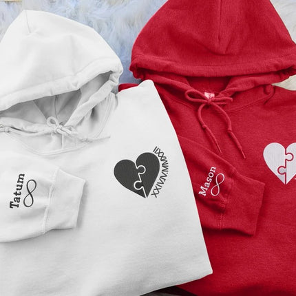 Embroidered Puzzle Heart Pisces Matching Hoody, Custom Roman Numeral Hoodie, Personalised Name on Sleeve Unisex Jumpers, Couple Wedding Tops
