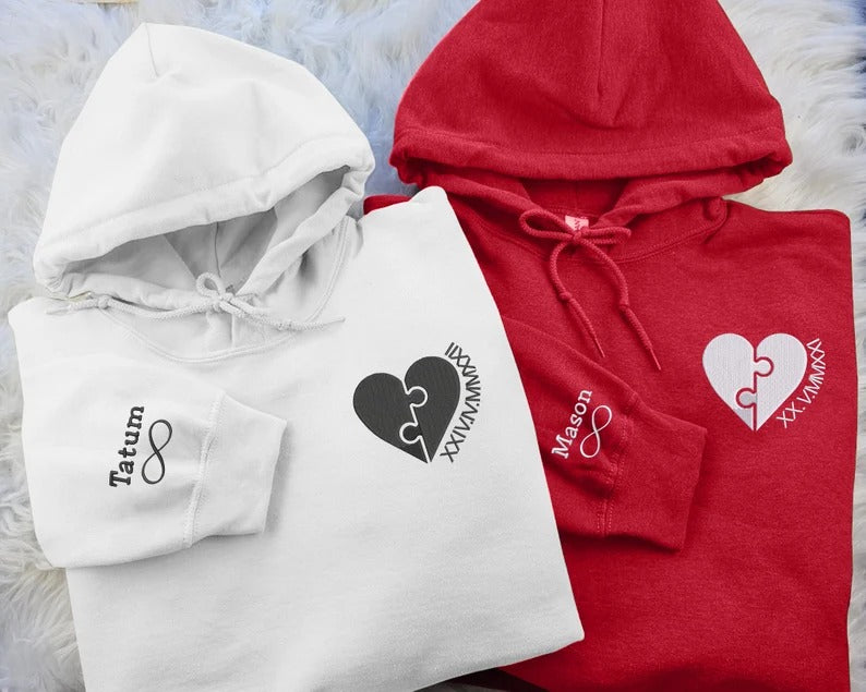 Embroidered Puzzle Heart Pisces Matching Hoody, Custom Roman Numeral Hoodie, Personalised Name on Sleeve Unisex Jumpers, Couple Wedding Tops