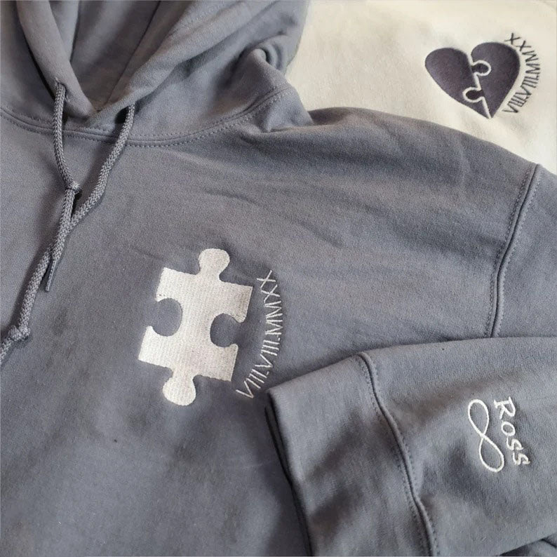 Embroidered Puzzle Heart Pisces Matching Hoody, Custom Roman Numeral Hoodie, Personalised Name on Sleeve Unisex Jumpers, Couple Wedding Tops