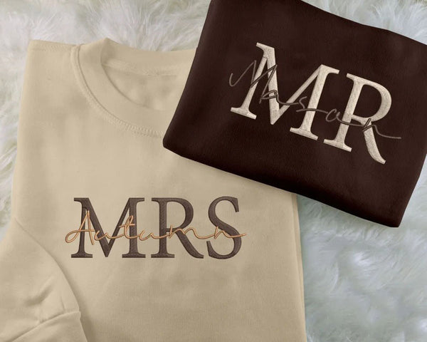 Embroidered Mr & Mrs Sweater, Personalised Wifey/Hubby Name Crewneck Sweatshirt, Custom Special Date on Sleeve Jumper, Wedding Day Gifts